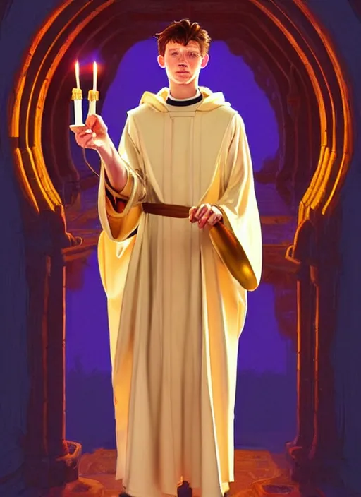 Image similar to tom holland as a priest wearing robes. holding golden candlestick, in a monestry natural lighting, path traced, highly detailed, high quality, digital painting, by don bluth and ross tran and studio ghibli and alphonse mucha, artgerm