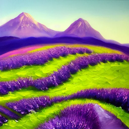 Image similar to A field of lavender with a mountain in the background, serene, beautiful, nature, landscape, peaceful, oil painting, details, sharp focus, By Alyn Spiller, David Villegas, and Barret Frymire