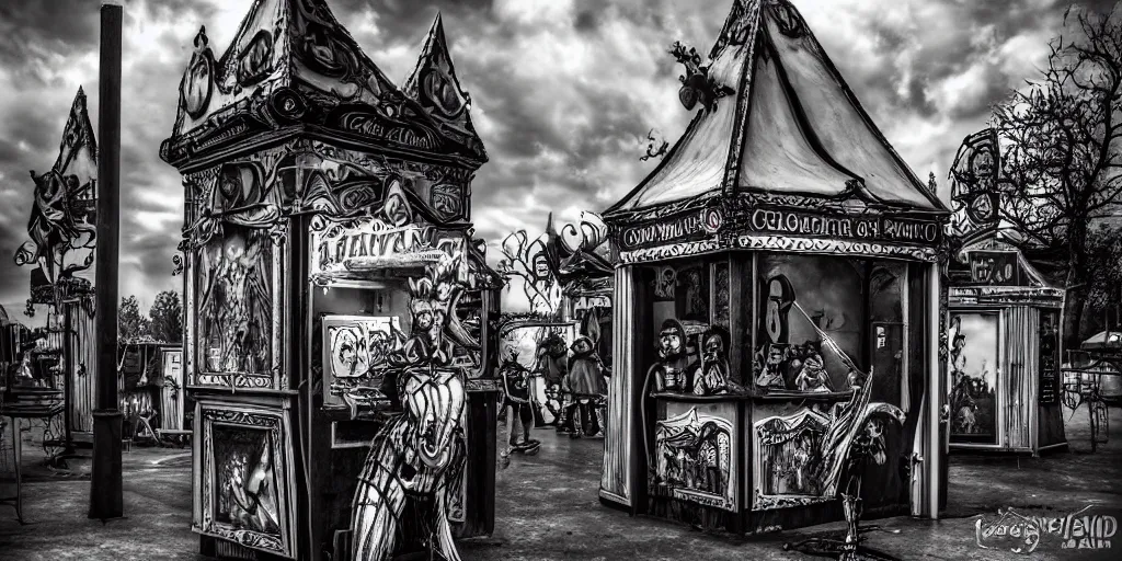 Prompt: a dark fantasy side view of a creepy evil carnival circus ticket booth, tim burton, world of warcraft, league of legends