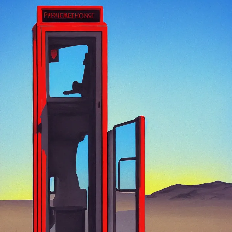 Image similar to phonebooth in a desert, sunset, painted by Edward Hopper, painted by James Gilleard, airbrush