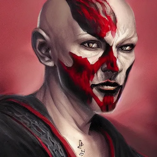 Image similar to d & d painting portrait necromancer man with bald head, red eyes, pallid skin, long flowing black and red robes. in style of tony sart