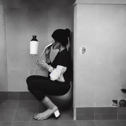 Image similar to photo of a woman drinking water out of a toilet