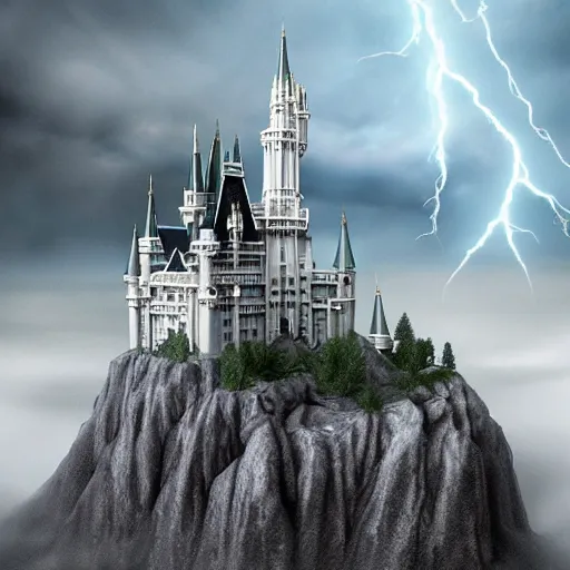 Prompt: A extremely highly detailed majestic hi-res beautiful, highly detailed mysterious pure all white brick immaculate disney hogwarts castle in black scary storm clouds high detail,ethereal, dramatic lightning, rim light, hyperrealistic, photorealistic, octante render, elegant, cinematic, high textures, hyper sharp, 8k, insanely detailed and intricate, graphic design, cinematic atmosphere, hypermaximalist, hyper realistic, super detailed, 4k HDR hyper realistic by Beeple, by Makoto Shinkai, syd meade, starwars, space art concept, digital art, unreal engine, WLOP, trending on artstation, 4K UHD image, octane render, artstation