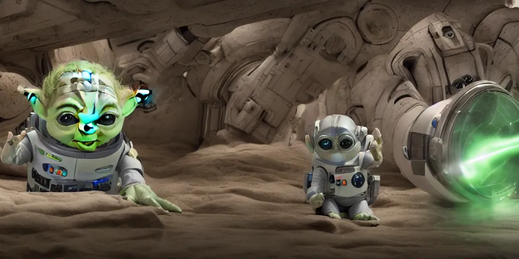 Image similar to a 3 d rendered movie still, wide - angle 1 0 0 m in the distance, baby yoda wearing a spacesuit, and exploring cosmos in a super awesome space ship. science fiction blockbuster movie, dramatic lighting, imax 7 0 mm. buzz lightyear