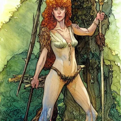 Image similar to a realistic and atmospheric watercolour fantasy character concept art upper body image of a young jane fonda in her 2 0 s posing as a druidic warrior wizard looking at the camera with an intelligent gaze by rebecca guay, michael kaluta, charles vess and jean moebius giraud