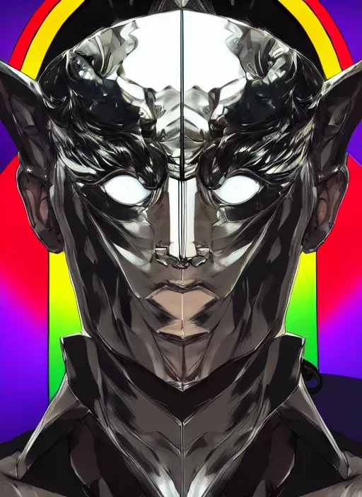 Image similar to Half body portrait of a god of intellect, a man in a rainbow tuxedo wearing a shattered mirror mask. In style of Yoji Shinkawa and Hyung-tae Kim, trending on ArtStation, dark fantasy, great composition, concept art, highly detailed, dynamic pose.