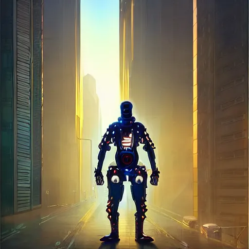 Image similar to ninja cyborg mechanical exoskeleton designed by jony ive, in cybercity, golden hour, poster by michael whelan and gilbert williams and evgeny lushpin and artgerm and alena aenami, 3 0 mm, well proportioned, highly detailed, rule of thirds, long exposure