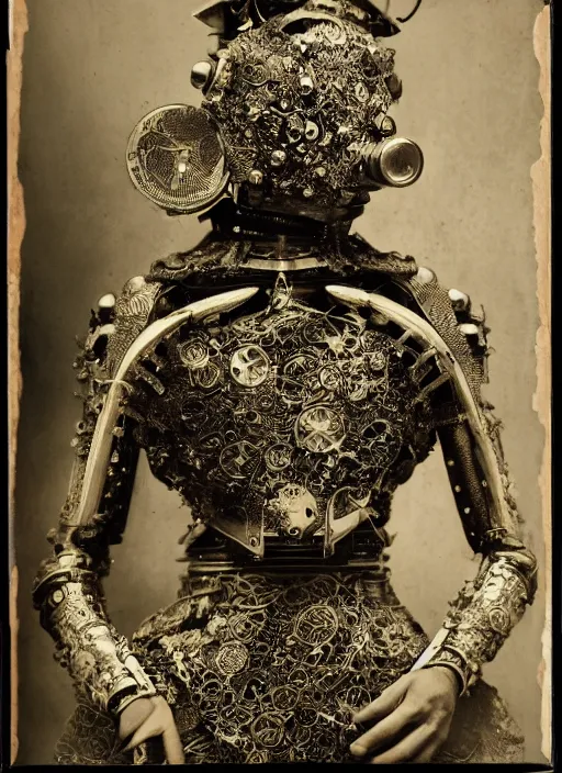 Image similar to old wetplate daguerreotype portrait of a futuristic silver armored geisha cyborg, fractal, intricate, elegant, highly detailed, parallax, leica, medium format, subsurface scattering, by jheronimus bosch and greg rutkowski and louis jacques mande daguerre