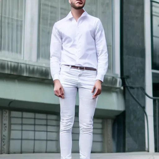 Prompt: person wearing off white shirt and nice pants combo stylish, hd, full body