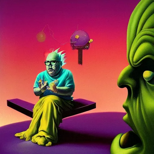 Prompt: Psychadelic Danny Devito going Super Saiyan Edward Hopper and James Gilleard, Zdzislaw Beksinski, Mark Ryden highly detailed