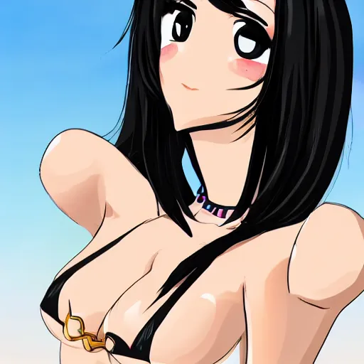 Prompt: black-haired beauty in 2D style , in a bikini , knee-length hair