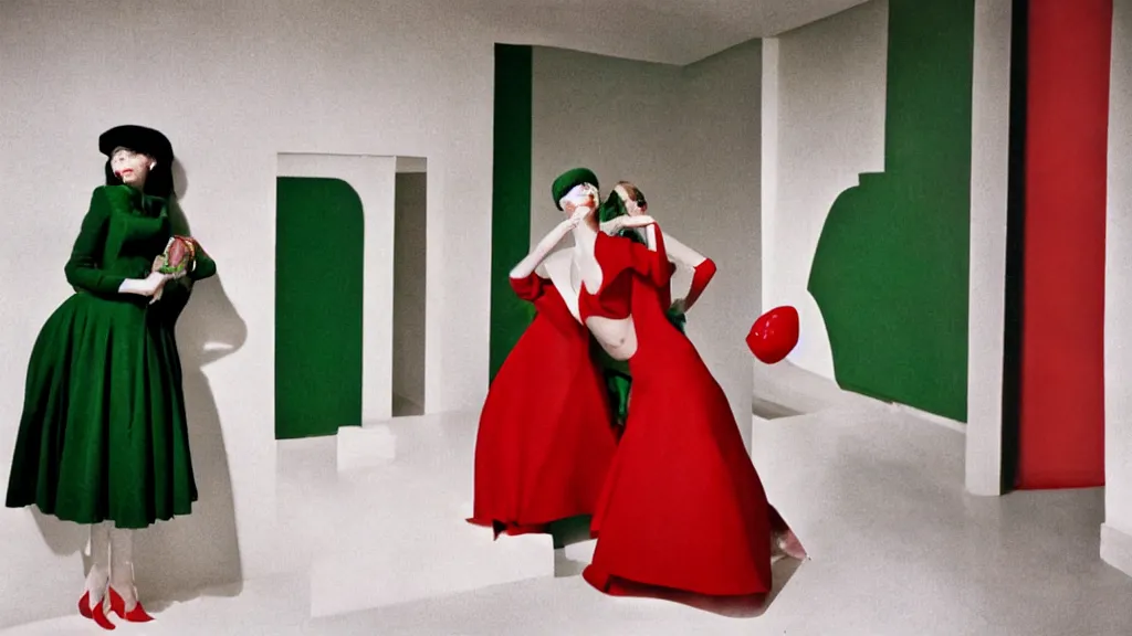 Image similar to Editorial photoshoot for Vogue Italy, haute couture, red and green, 70's, shot on film, photograph inspired by Edward Hopper and René Magritte, editorial photoshoot photographed by Tim Walker