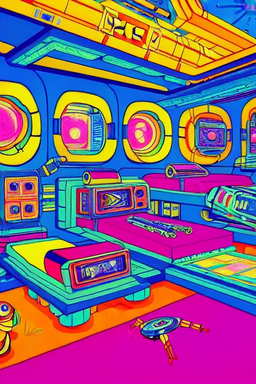 Image similar to a brightly colored drawing of a room with a bed in an 8 0 s art deco international space station, robots, led screens, droids, a detailed painting by lisa frank, james jean, kilian eng, moebius, featured on deviantart, psychedelic art, psychedelic, whimsical, vivid colors