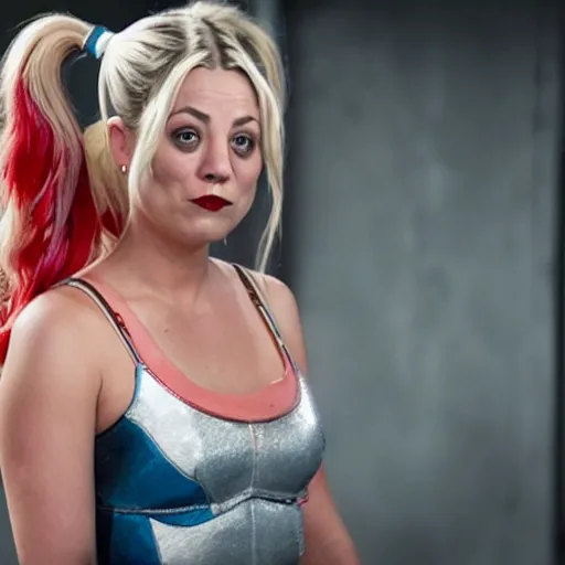 Prompt: A still of Kaley Cuoco portraying Harley Quinn