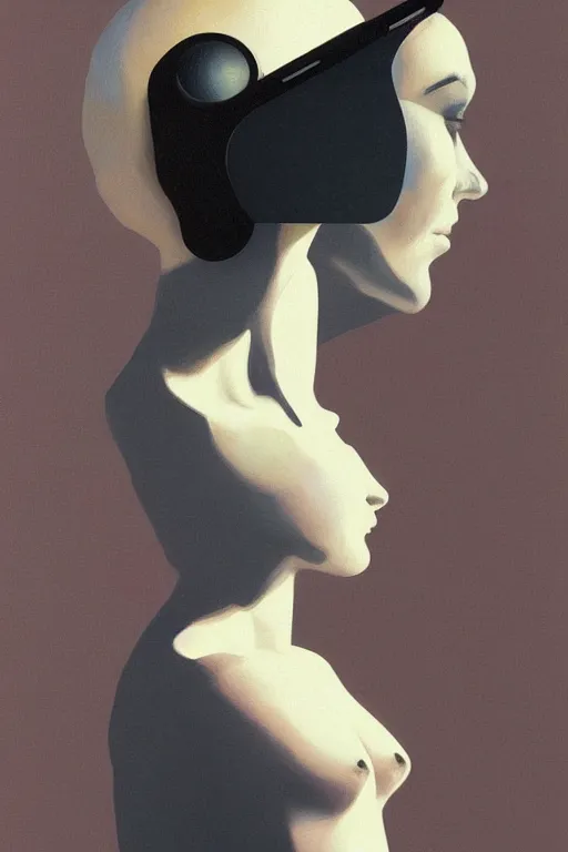 Image similar to woman wearing Oculus and digital glitch head Edward Hopper and James Gilleard, Zdzislaw Beksisnski, higly detailed