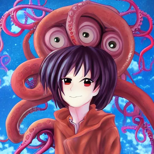 Image similar to cute anime portrait of alien humanoid full body with four tentacles on his feet five eyes on his face with his ship destroyed