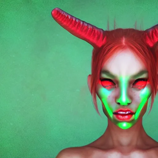 Image similar to realistic female alien, medium shot portrait, devil horns,,!!!!! human eyes!!!!!!, green body. red eyes, background flames