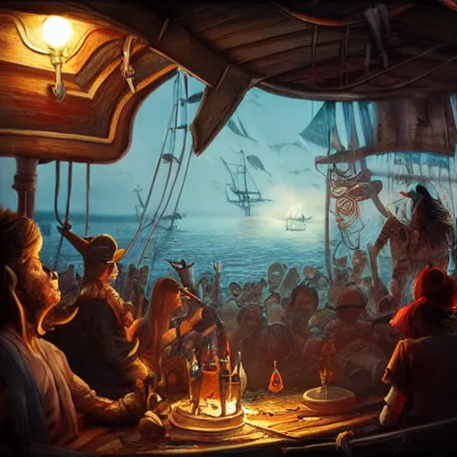 Prompt: party on pirates ship,hyperdetailed,hyperrealistic,photorealistic,art by trevor henderson,greg rutkowski,artstation,deviantart,professional lighting,western comic style,sharp lineart,eerie,cg society