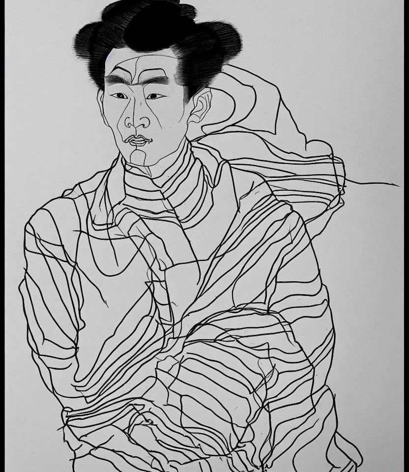 Prompt: detailed line art portrait of 孫 德 明 sunyatsen, inspired by egon schiele. caricatural, minimalist, bold contour lines, musicality, soft twirls curls and curves, confident personality, raw emotion
