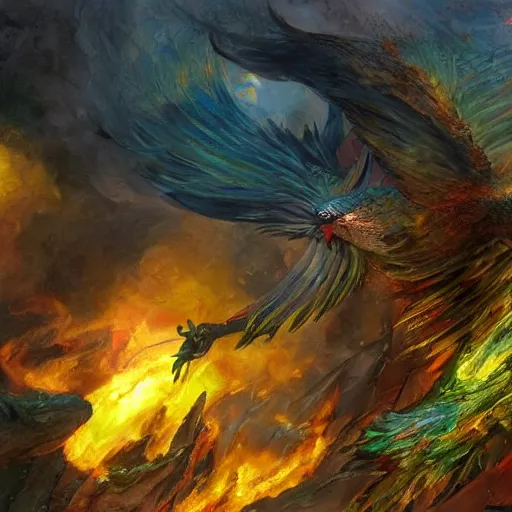 Image similar to photograph of the phoenix, the majestic mythical bird with the plumage of fire, beautiful intense light of fire, hyper detailed, photography, marc simonetti, john howe