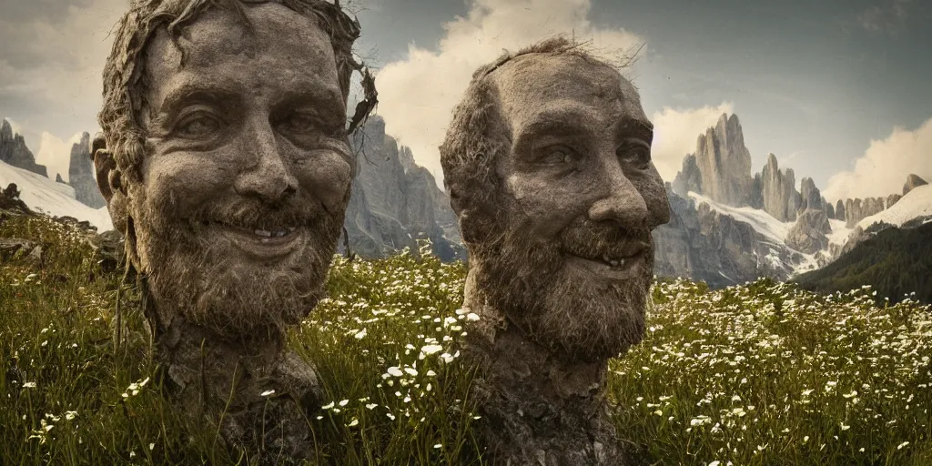 Prompt: old alpine famers head being overgrown by edelweiss, smiling, dolomites in background, dark, eerie, despair, portrait photography, artstation, adward winning, artstation, highly detailed, sharp focus, by caravaggio