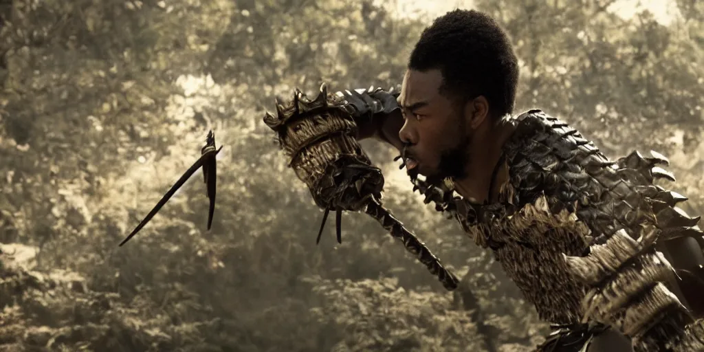 Image similar to a film still of a black man starring in a japanese blockbuster film as ancient samurai, battling against alien creatures, shallow depth of field, cinematic, award winning cgi, vfx, film still