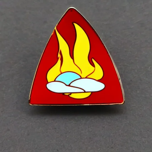 Image similar to a rhombus enamel pin of a retro fire flames warning label, smooth curves