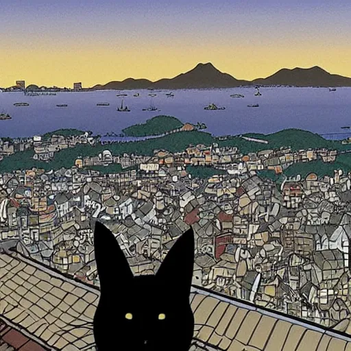 Image similar to a black cat lady looking out over a city, Miyazaki, studio ghibli