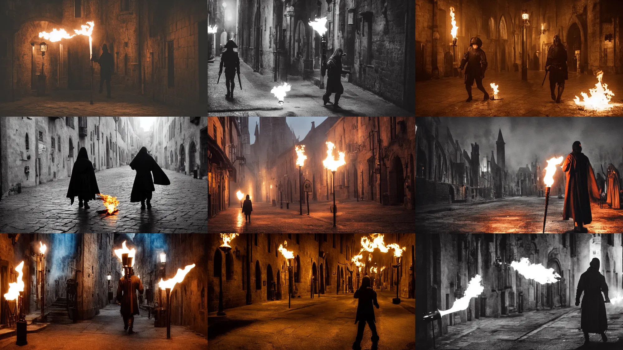 Prompt: A dark creature walks through a medieval city, torches, dark, medieval