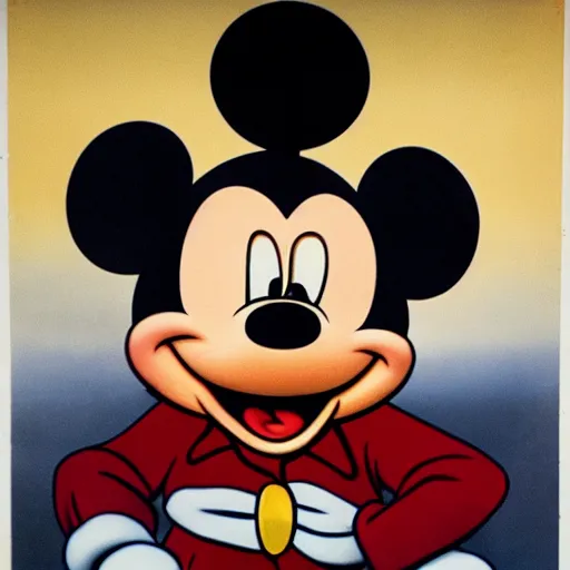 Image similar to mickey mouse in military uniform. art work. german ww 2 propaganda poster. red armband with disney symbol. dark, hyper realistic by barloe