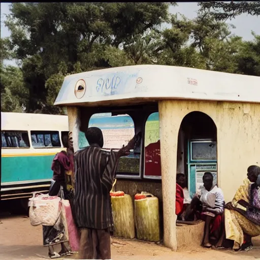 Prompt: old polaroids of futuristic african bus stops with informal sellers and digital screens, women selling fruit, autonomous african busses