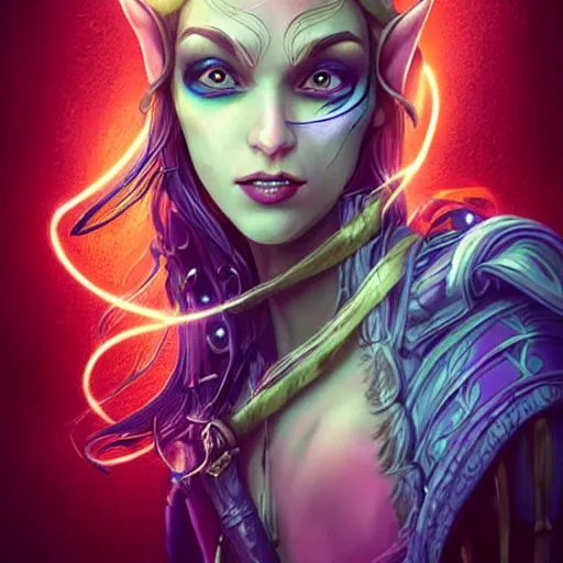 Image similar to portrait of a female elven pirate, character design, concept art, digital illustration, ray tracing, fantasy, neon lighting, intricate and highly detailed, coloured with lots of colour, pose, fantasy, sharp focus,