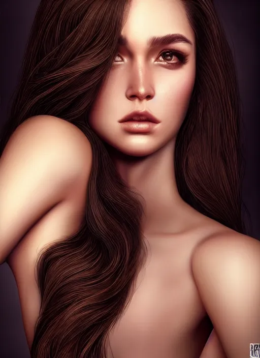 Image similar to a gorgeous female with long brown hair, photo by steven klein, realistic, full body shot, wide angle, sharp focus, 8 k high definition, insanely detailed, intricate, elegant, art by stanley lau and artgerm, floating embers