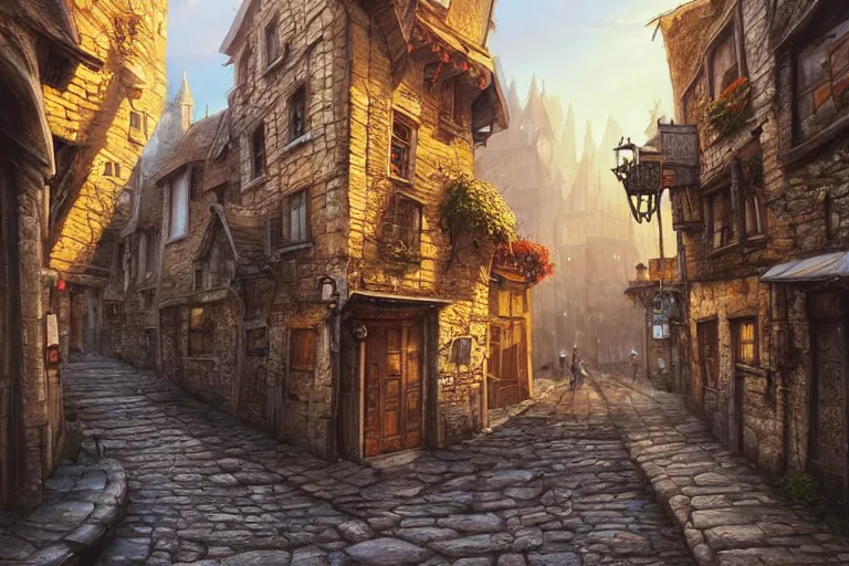 Image similar to a busy fantasy street looking down one street within a fascinating old city, quirky shops, narrow streets, old buildings, cobblestones on the ground, stone steps, street life, by Sylvain Sarrailh, single street, cinematic, simple but effective composition, clean lines, beautiful digital painting, oil painting, detailed, dungeons and dragons, lord of the rings