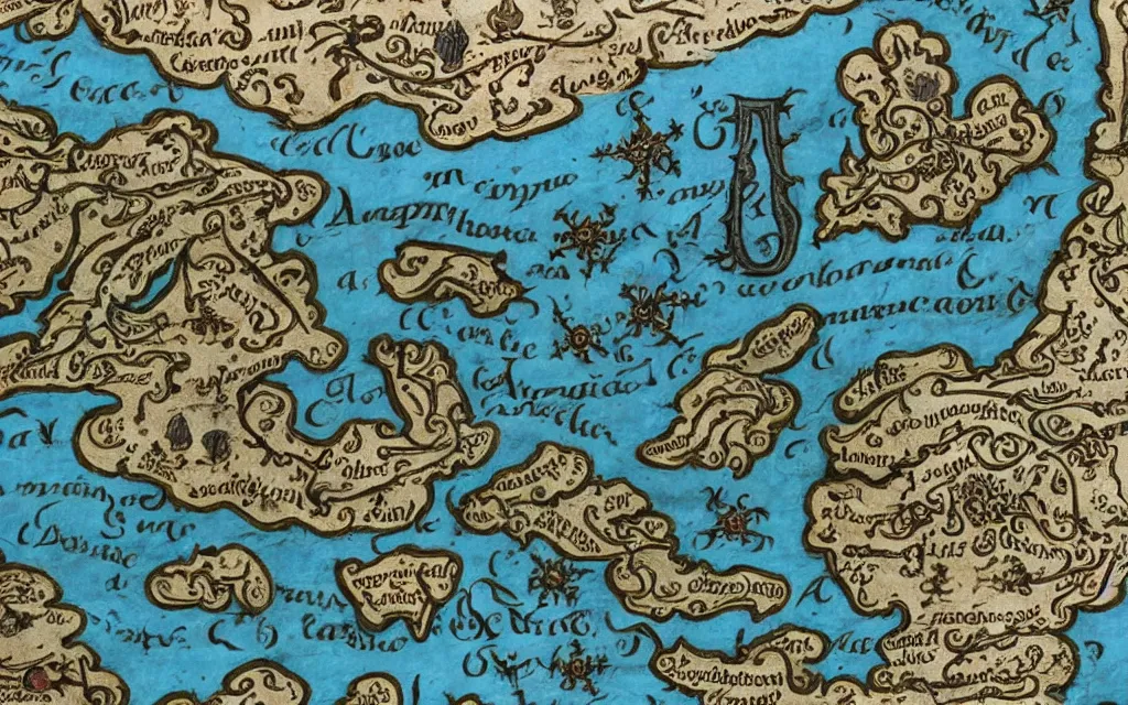 Prompt: a medieval map on an old parchment with pointed mountains, tangled roads, rivers, written in gothic, fantasy, intricate, elegant, highly detailed, digital painting