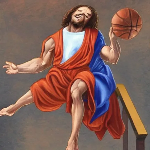 Image similar to Jesus wearing robes dunks a basketball