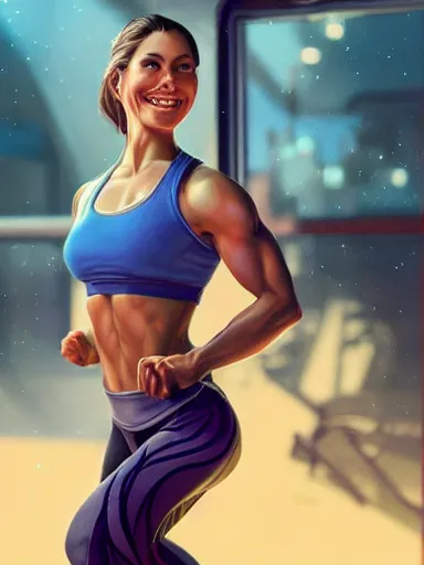 Image similar to a beautiful happy woman working out at the gym. smiling popular girl. intricate, elegant, highly detailed, digital painting, artstation, cinematic shot, concept art, sharp focus, illustration, by justin gerard and artgerm, 8 k