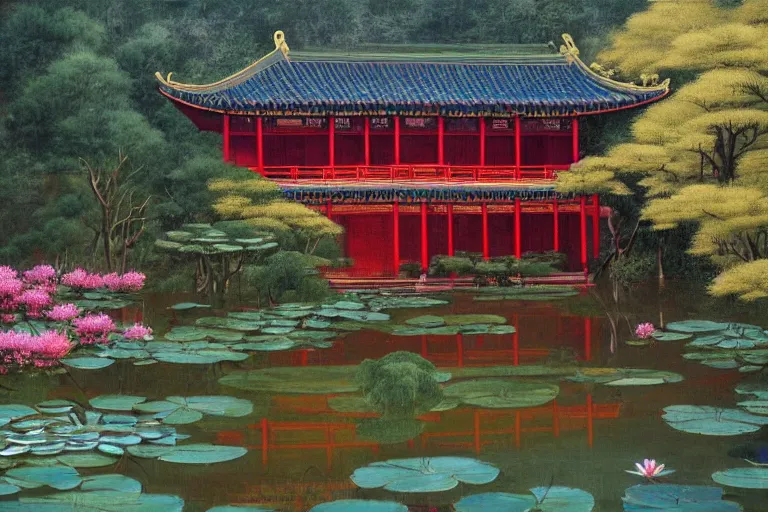 Image similar to a two - floor traditional chinese wood house in a serene landscape, waterlily pond, chinese shanshui painting, bright color