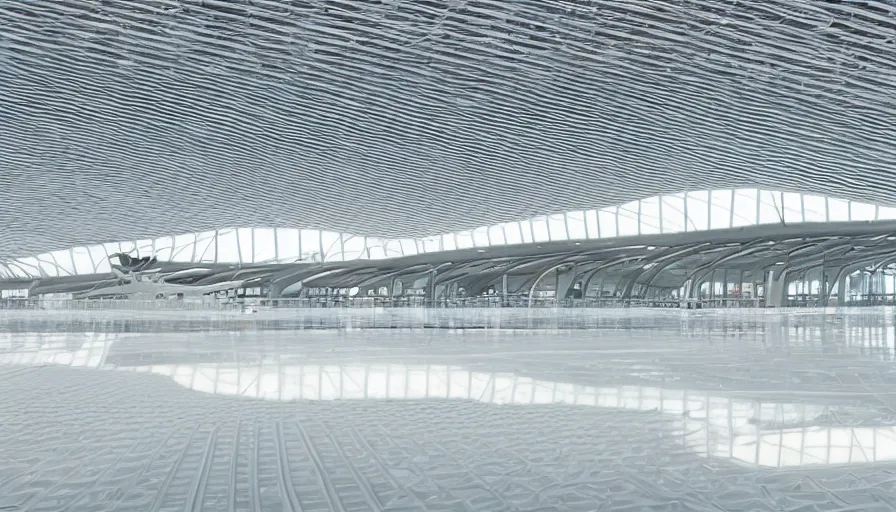 Prompt: shanghai pudong international airport interior, a huge white space with thin white columns evenly spaced and a corrugated roof that undulates slightly, silence, lightness, light, shadows, reflections, epic composition, intricate, elegant, volumetric lighting, digital painting, highly detailed, artstation, sharp focus, illustration, concept art, ruan jia, steve mccurry