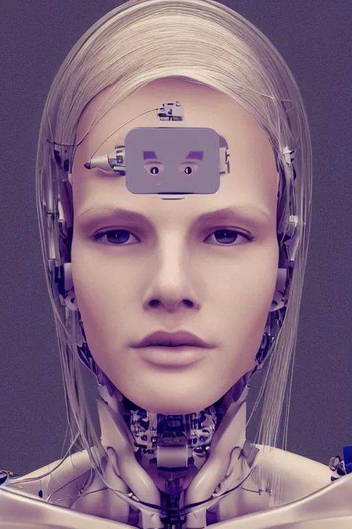 Image similar to robot with human face, female head, full body angle, woman human face, human face realistic, beautiful blonde hair, human head, human head with blonde hair, blonde hair human head, blonde hair, human realistic face, human head skin, cyborg frame concept, cyborg by ales-kotnik, sci-fi android female, the body is made of wires, robotic body, cyborg body, cyborg bust body, robot body cyborg, full body