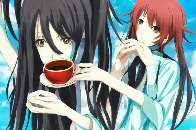 Image similar to Beautiful anime art of Makise Kurisu, Hatsune Miku drinking tea, anime, ultra detailed, wallpaper