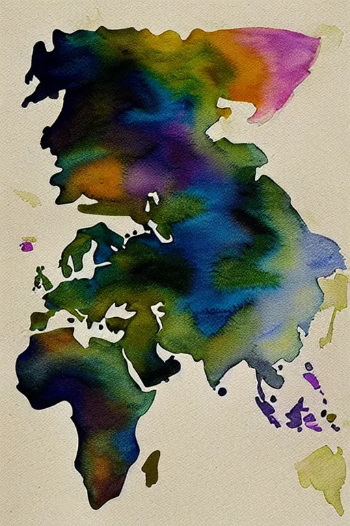 Prompt: a minimalist map drawn in pen by Sunil Das, faint ethereal splashed abstract watercolor by Georgia O'Keefe. Trending on Artstation.