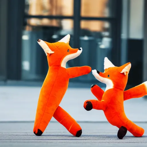 Image similar to Two fox! plushies playfully wrestling on the sidewalk, dynamic, motion blur, 1/4 shutter speed, award winning photography