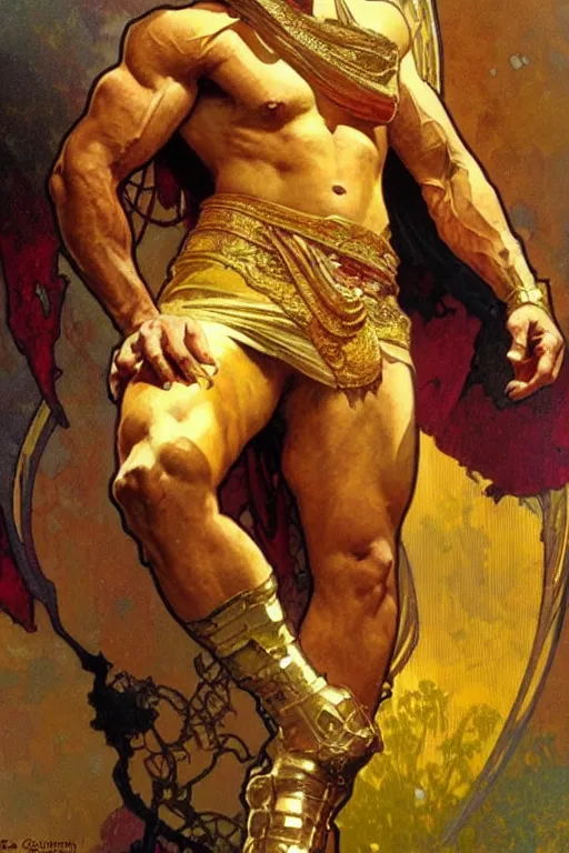 Prompt: A man wearing golden clothes, muscular, fantasy, painting by greg rutkowski and alphonse mucha