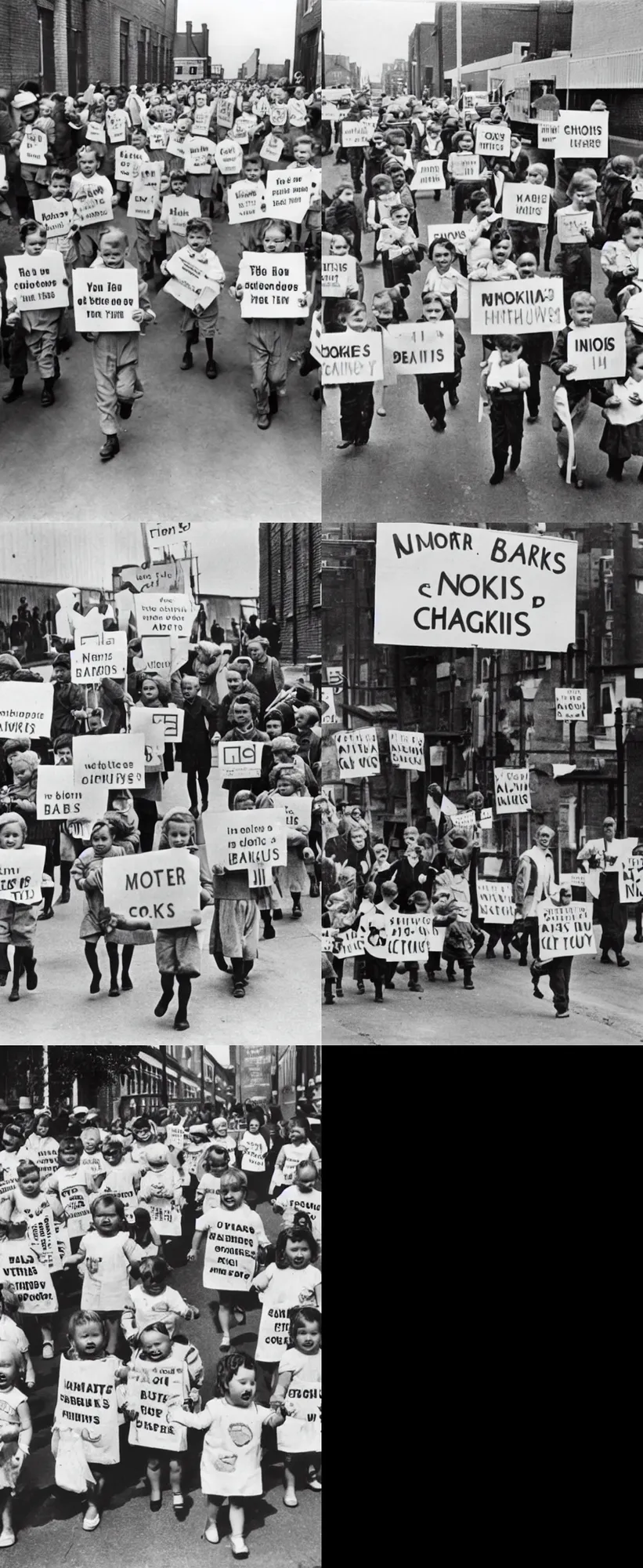 Prompt: babies in diapers marching out of factory in london raising sign protesting for more cookies, historic photograph 1940