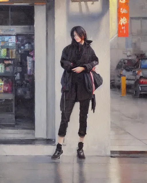 Image similar to a ultradetailed beautiful panting of a stylish woman standing next to a convenience store, she is wearing streetwear, highly detailed face, oil painting, by ruan jia