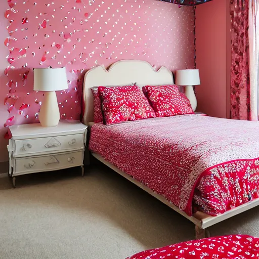 Image similar to deisgner photography of bedroom themed to strawberry motif. bed has strawberry blankets. wall has strawberry pattern. furniture has strawberry motif. furniture is shaped like strawberries. carpet has strawberry motif. lighting has strawberry shapes.