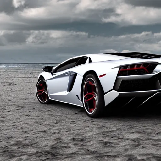 Prompt: A beautiful silver Lamborghini aventador on the beach, 8k, realistic reflection