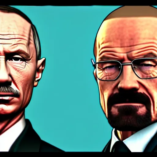 Image similar to walter white and vladimir putin in the style of a gta loading screen