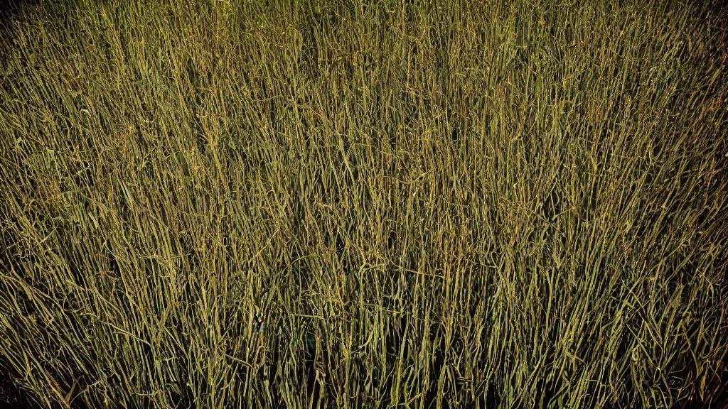 Prompt: It is dark all around. Whorls of shadow and verdant blades as you weave among fields wavering in torchlight; blinding silver, viridescent at shoulder height, at play. psychedelic kodachrome 35mm film.